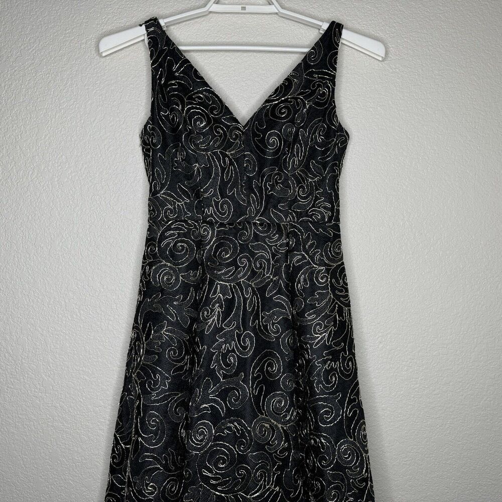 Calvin Klein Dress Gown Sz 4 Black Gold Sequins High Low Sleeveless Deep V Lined - Picture 2 of 11